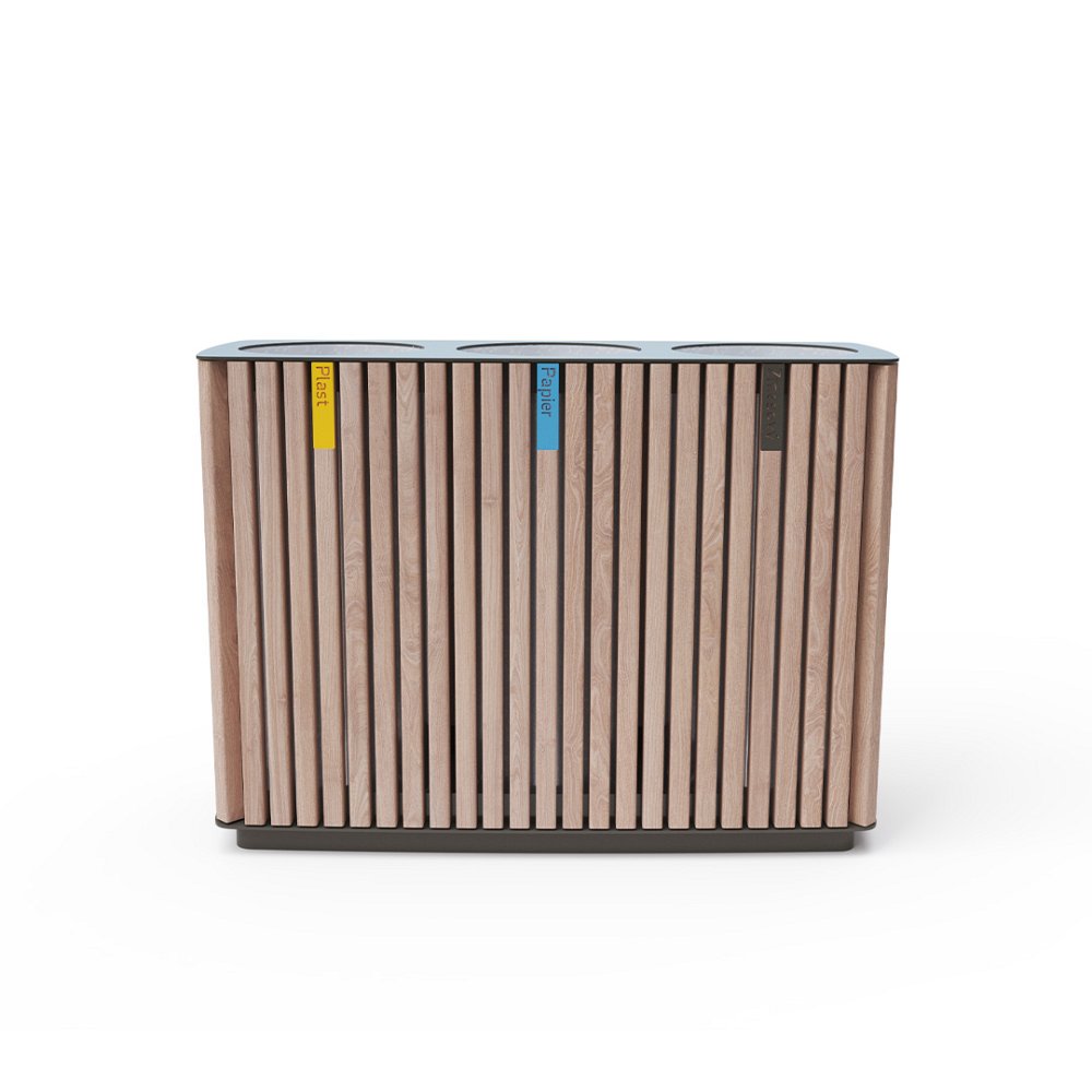 Trojitý odpadkový kôš na separovaný odpad drevo