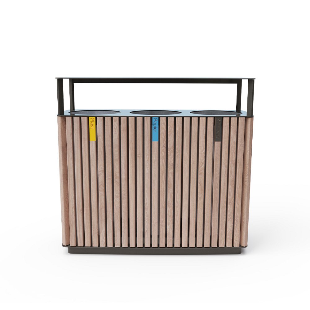 Trojitý odpadkový kôš na separovaný odpad so strieškou drevo